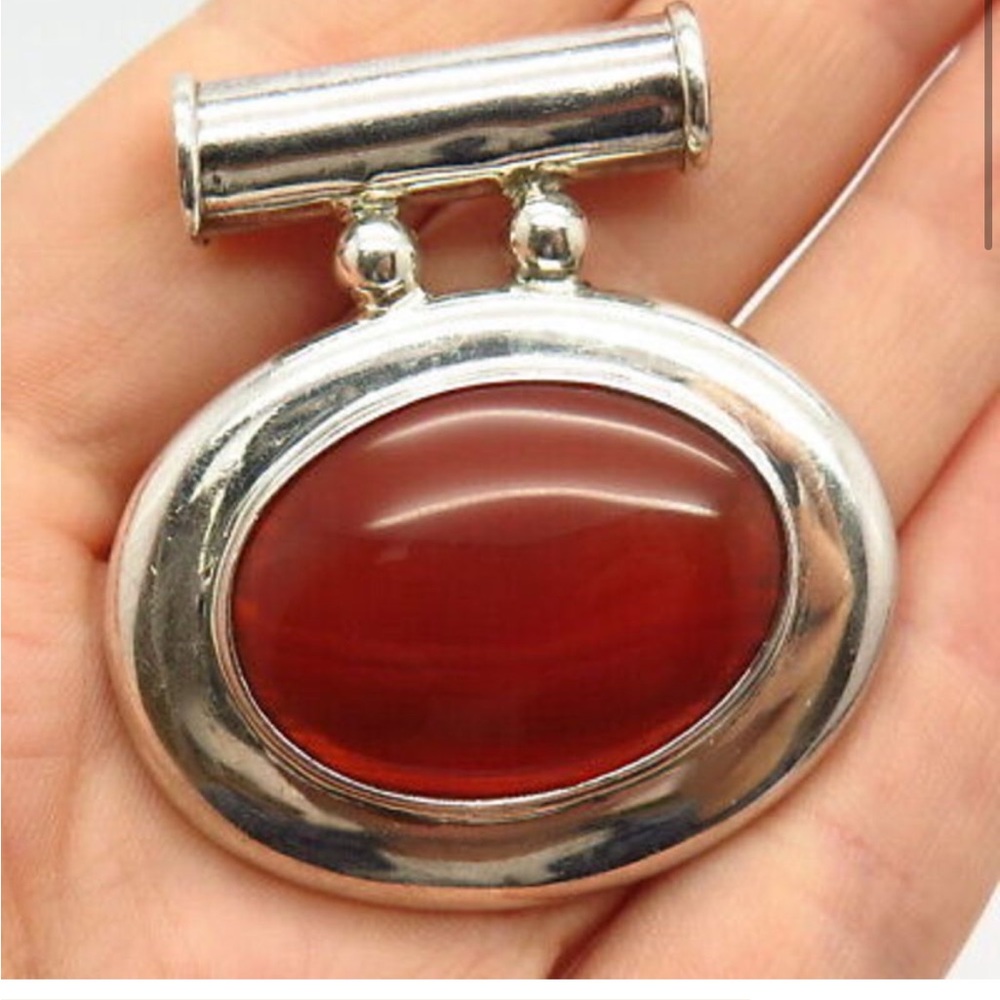925 Sterling Silver Vintage Mexico Real Red Agate Gemstone Oval Slide Pendant